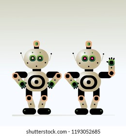 Cute kind cartoon robots male character dolls artificial intelligence vector couple greet metallic 3D on light background isolate