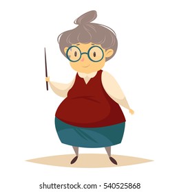 Cute, kind cartoon teacher with pointer in hand. The old woman. Vector illustration. Character