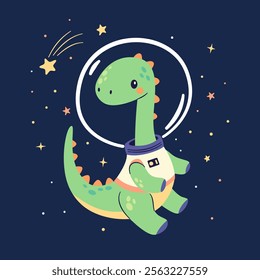 Cute kind dinosaur flying in a spacesuit in space, flat vector illustration in simple child style, white background 