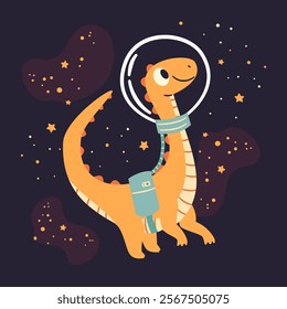 Cute kind dinosaur flying in a spacesuit in space, flat vector illustration in simple child style, dark background 