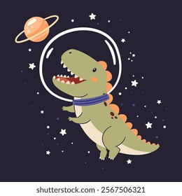 Cute kind dinosaur flying in a spacesuit in space, flat vector illustration in simple child style, dark background 