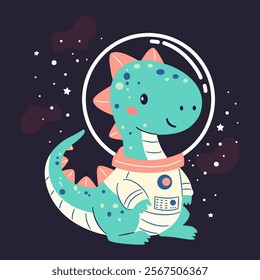 Cute kind dinosaur flying in a spacesuit in space, flat vector illustration in simple child style, dark background 