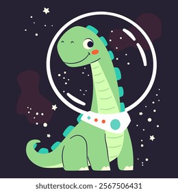 Cute kind dinosaur flying in a spacesuit in space, flat vector illustration in simple child style, dark background 