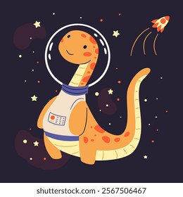 Cute kind dinosaur flying in a spacesuit in space, flat vector illustration in simple child style, dark background 