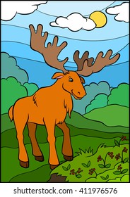Cute kind elk stands in the clearing and looks at the berries.
