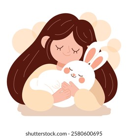 Cute kind girl hugs the white little rabbit. Spring cartoon bunny. Go vegan, Cruelty Free concept. Vector illustration about friendship between people and animals isolated on white.   