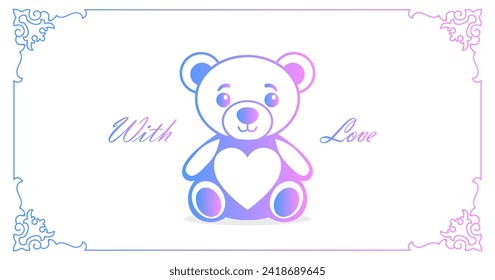 Cute kind graphic Teddy bear toy and inscription, with love. Festive light blue pink card. Holiday happy Valentines day. Wedding invitation cover. White background.