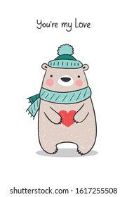 Cute kind hand drawn bear in scarf with heart. Happy Valentines day flat vector design for gift cards or kids design