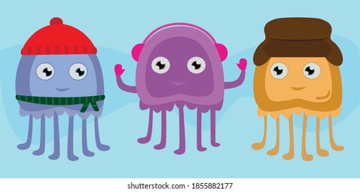 Cute and kind jellyfish on a blue background. Winter clothes, mittens and hats. Happy New Year and Merry Christmas postcard. Vector illustration.