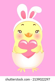 A cute kind little newborn yellow chick in a headband with white bunny ears and eggshell shorts is holding a pink heart. Vector illustration, Easter card, isolated character on a pink background.
