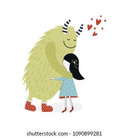 Cute and kind nursery poster with girl and monster. Vector illustration in scandinavian style.