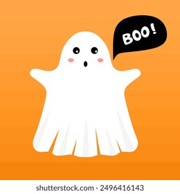 Cute kind scary ghost with boo speech bubble. Happy Halloween. Childish spooky boo character for kids. Halloween ghost with scary funny emotion and face expression. Flat vector illustration