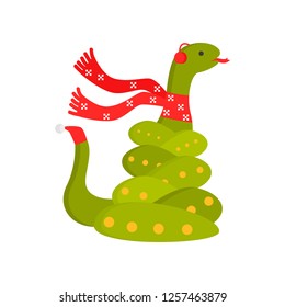 Cute kind snake is a symbol of the new year. Snake in a trendy New Year s scarf and hat on the tail.