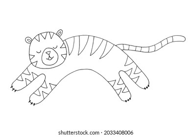 Cute kind tiger jumping. Animal. Jungle. The symbol of the new year. Children's illustration. Vector. Doodle. Drawn by hand. Silhouette. Black and white outline. Coloring.