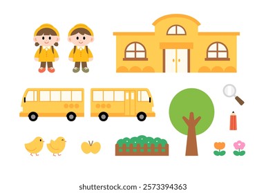 Cute Kindergarten graphic elements set. Cartoon style flat decorative illustration on white background. 