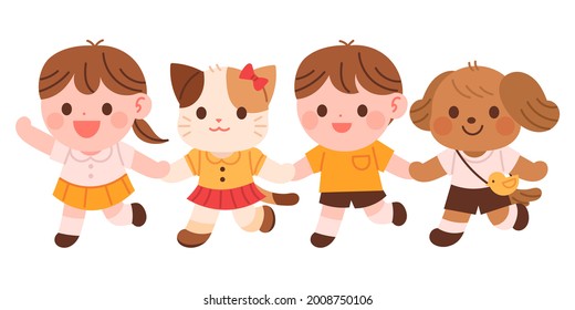 Cute kindergarten kids, Puppy and kitten. Vector illustration of cute children holding hands and walking.