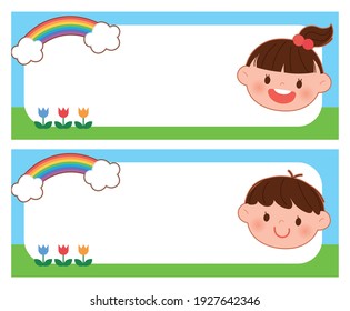 Cute kindergarten name tag. A cute background illustration with girl and boy faces.