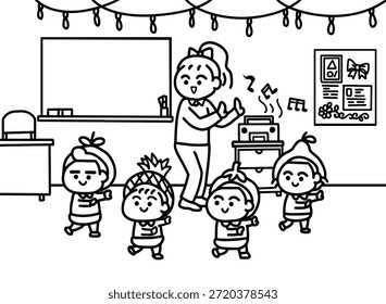  Cute Kindergarten Students Dancing in Fruit Costumes with Teacher in Classroom.