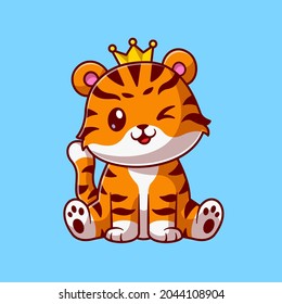 Cute King Cat Tiger Sitting Cartoon Vector Icon Illustration. Animal Nature Icon Concept Isolated Premium Vector. Flat Cartoon Style