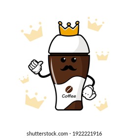 cute king coffe cup cartoon mascot character funny expression showing thumb up vector design
