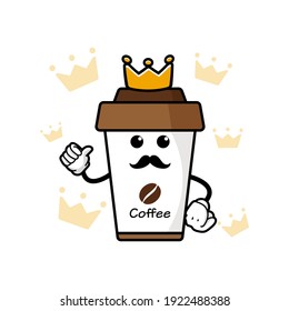 cute king coffe cup cartoon mascot character funny expression showing thumb up vector design