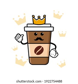 cute king coffe cup cartoon mascot character funny expression showing thumb up vector design
