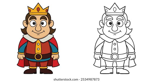 Cute King With Crown Cartoon Outline Coloring Page For Kids