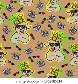cute king dog with crown gold coronal golden and black sunglasses hand drawn seamless pattern cartoon , can be used for t-shirt print, kids wear fashion design, fabric, web, wallpaper