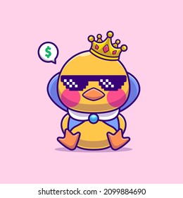 Cute King Duck Sitting Cartoon Vector Icon Illustration. Animal Business Icon Concept Isolated Premium Vector. Flat Cartoon Style