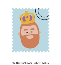 Cute King Gaspar blue postage stamp. Christmas ornament isolated vectorized. Magi, wise man