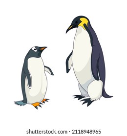 Cute of King and Gentoo penguins in Cartoon design style, collection of penguin species on white isolated background for prints, icons, stickers, patterns, icons for social media, apps and websites.