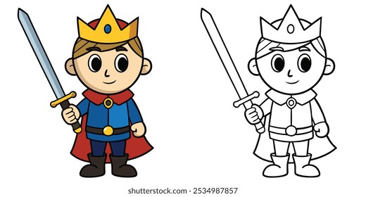 Cute King Knight Holding Sword Cartoon Outline Coloring Page For Kids