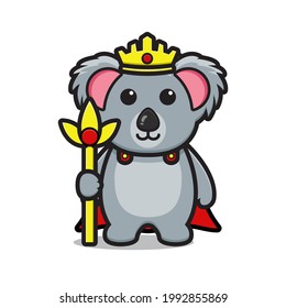 Cute king koala mascot character cartoon vector icon illustration. Design isolated on white. Flat cartoon style.