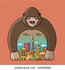 Cute King Kong in the city - Vector Illustration