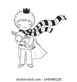 Cute king and lamb.The boy in the crown with a sheep. Little Prince