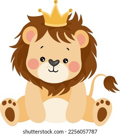 Cute king lion sitting with crown

