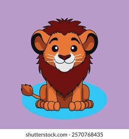Cute King Lion Sitting Flat Vector Cartoon Illustration