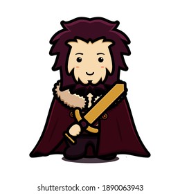 Cute king mascot character wear cloak and holding golden sword cartoon vector icon illustration. Design isolated on white. Flat cartoon style.