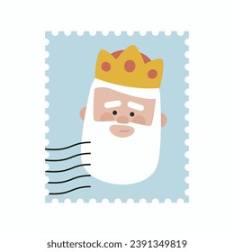 Cute King Melchor blue postage stamp. Christmas ornament isolated vectorized. Magi, wise man