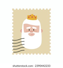 Sello postal de Cute King Melchor. Ornamento navideño aislado vectorizado. Magi, sabio