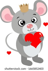 Cute king mouse holding a red heart

