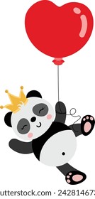 Cute king panda flying with a heart shaped balloon