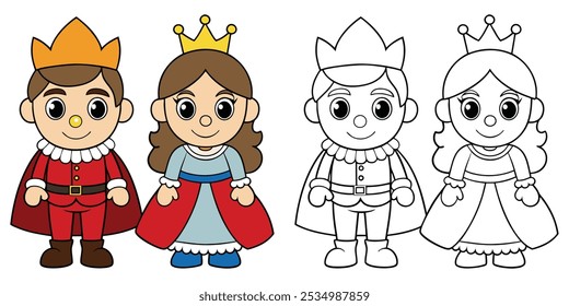 Lindo Rey Y Reina Con Corona Dibujos Animados Para Colorear Página Para Niños