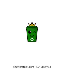 Cute King Rubbish Bin Cartoon Character Vector Illustration Design. Outline, Cute, Funny Style. Recomended For Children Book, Cover Book, And Other.