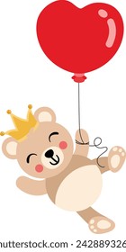 Cute king teddy bear flying with a heart shaped balloon
