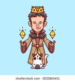 Cute King Wizard With Cat Cartoon Vector Icon Illustration. People Animal Icon Concept Isolated Premium Vector. Flat Cartoon Style