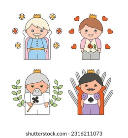 Cute kings in costumes of playing card suits in cartoon style. Diamonds, hearts, Clubs, Spades. Vector