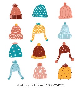 cute kintted beaning winter hat pastel clip art set, pink, blue, yellow 