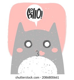 Cute kissing cat with anime emotion and speech babble saying hello. Hand drawn vector illustration of kitty in flat cartoon design. Cute childish clip art with kitten. Isolated on white background.
