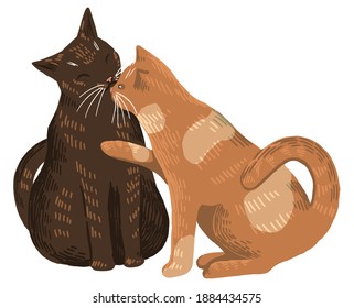 Cute kissing cats couple in love. Hand drawn vector illustration. Romantic animal drawing isolated on white. Cartoon single element for St. Valentine's holiday design, print, sticker, invitation, card
